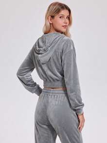KyrLssu Women's Solid Color Hooded Zip-Up Fleece 2-Piece Set, Autumn/Winter Casual Streetwear - Light Grey - View 5