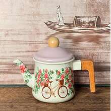 Vintage British Street Pattern Enamel Teapot, Wooden Heat-Resistant Handle Teapot, Stove-Top Coffee Pot, INS Style Home Afternoon Tea Tabletop Decor Gift - Multicolor - View 7