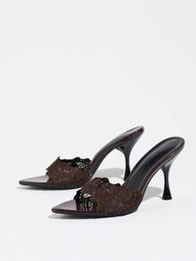 Jin Bei Qi Women's Brown Embroidered Trim, Brown Open Toe Mesh Lace Mule Shoes, Summer Vintage Vacation Fashion Thin Heel Sandals, Minimalist Style Multi-Functional Women's Formal Sandals, Pointed Toe Design Elegant Slender High Heel Women's Shoes, Brown High Heels - Brown - View 8