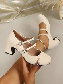 Women's Round Toe Double Buckle Square Buckle Chunky Heel Mary Jane Pumps, Vintage Solid Color Mid Heel Commute Party Dress Shoes - Beige - View 1