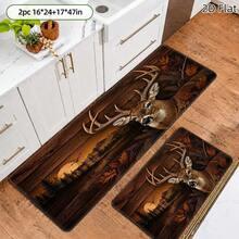 1pc, 2pcs, 3pcs, 2D Flat Kitchen Floor Mat Set, Woodland Deer Scene Floor Rug, Autumn Forest Hunting Lodge Decorative Kitchen Mat, Easy-To-Clean Indoor Bathroom Mat, Suitable For Kitchen, Bathroom, Laundry Room, Dining - Multicolor - View 2