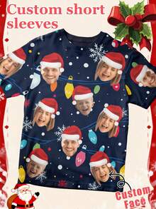 1pc Unisex Customized Multi-Photo Navy Blue Christmas Light Snowflake T-Shirt, Personalized Short Sleeve Top, Casual Holiday Outfit Gift - Multicolor - View 2