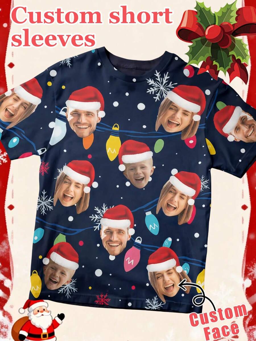 1pc Unisex Customized Multi-Photo Navy Blue Christmas Light Snowflake T-Shirt, Personalized Short Sleeve Top, Casual Holiday Outfit Gift - Multicolor - View 1