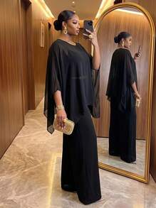 SHEIN Lady CURVE Blus Cape Transparan Warna Polos Elegan Ukuran Plus untuk Pesta, Atasan Hitam Ukuran Plus, Atasan Transparan Ukuran Plus untuk Musim Semi untuk Wanita - Hitam - View 2