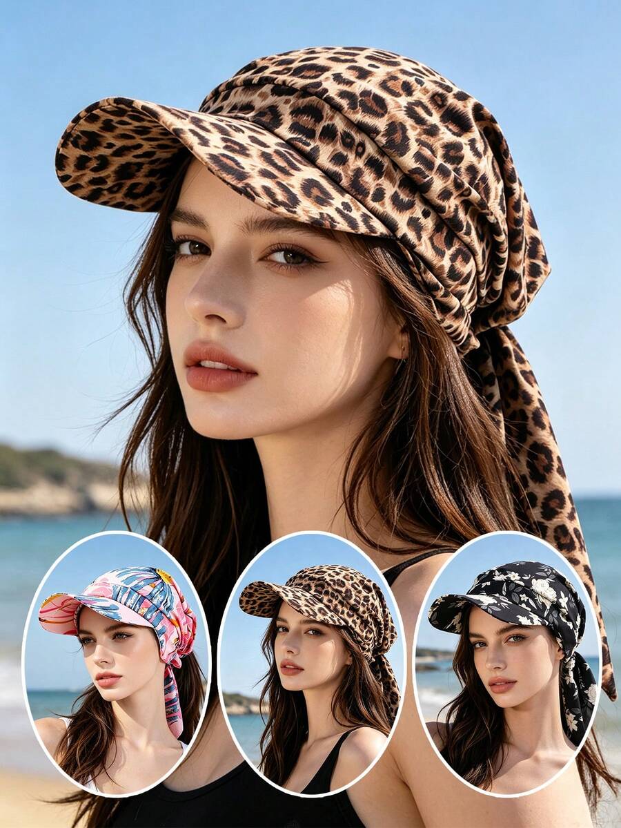 1pc Leopard Print Floral Tie-Up Bucket Hat, Suitable For Travel, Vacation, Daily Wear, Sun Protection, Multiple Colors Available - Sun Hat With Scarf - View 1