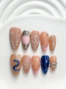 10片裝 Y2K 風格辣妹風手工穿戴甲，Polygel 凝膠美甲套組，鋼珠裝飾，粉色與藍色指甲油，甜酷風，附美甲工具，3種尺寸可選，方型、短方型、杏仁形，適合派對、跳舞、日常配戴 - 彩色 - 查看 3