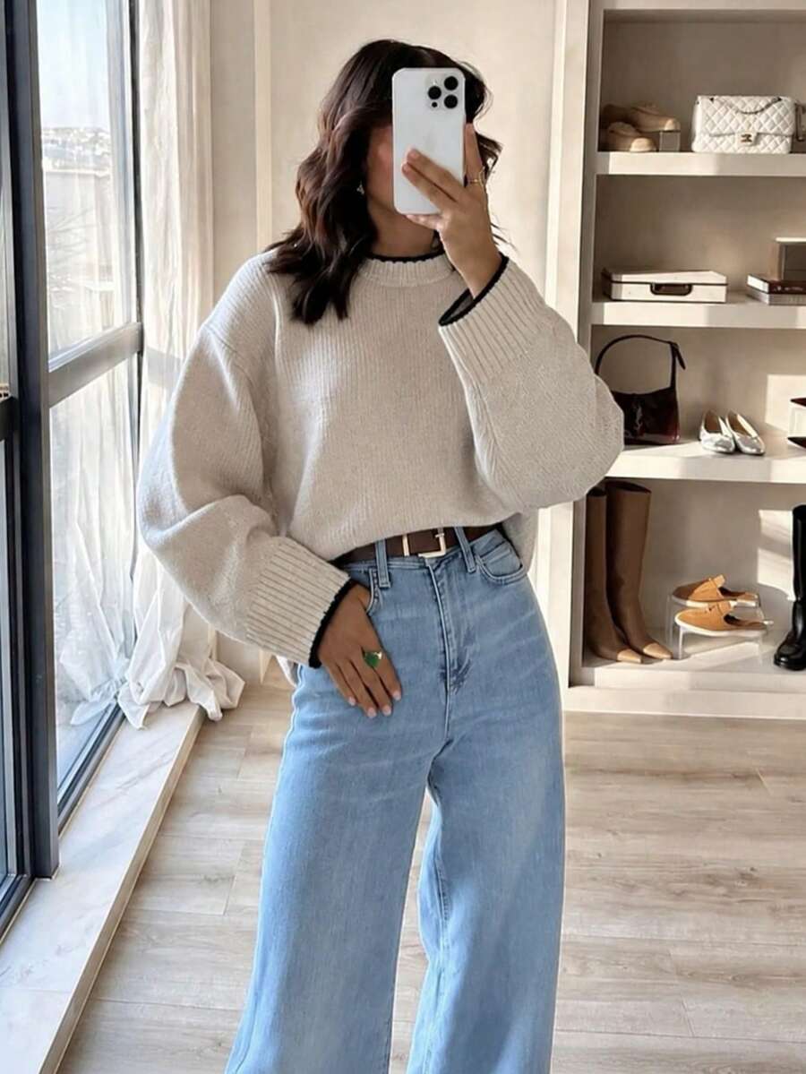 Women's Elegant Elegant Fashion Pullover Sweater, Ribbed Knit Long Sleeve, Suitable For Autumn/Winter Outfit, Contrast Color Knit Top - Grey - View 1