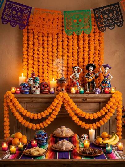 2pcs Orange Artificial Marigold Flower Wreath, 150cm Marigold Flower Garland With 30 Flower Heads, Day Of The Dead Hanging Decor, Day Of The Dead Party Decoration, Mexican Style Supplies, Home Decor, Door Decor, Yard Decor, Halloween Decoration