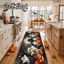 1pc Halloween Dark Background Cute Ghost Pumpkin Castle Print Anti-Slip Kitchen Mat, Waterproof Oil-Resistant Cartoon Holiday Foot Mat, Tombstone Spider Web Candle Full Moon Bat Atmospheric Scene, Machine Washable, Suitable For Kitchen, Entrance Hallway, Bathroom, All Seasons - Multicolor - View 2