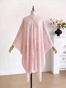 1件極簡心形圖案刺繡開襟和服式披肩/圍裙，波希米亞風春夏海灘度假外套，防曬裝飾刺繡開襟衫，適合日常穿著，完美禮物選擇 - 粉色 - 查看 4