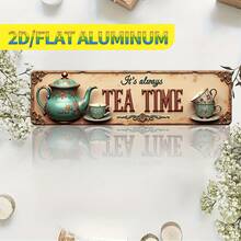 لوحة حائط مسطحة الأبعاد قطعة واحدة بتصميم عتيق "Always Tea Time" - ديكور موضوع الشاي الريفي مع نمط الزهور وفنجان الشاي، مناسب للمنزل والمطبخ والحديقة (أسلوب عشوائي) - A - مشاهدة 5