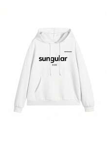 Women's Hooded Sweatshirt, Autumn/Winter New Letter Print, Drawstring Design, With Pockets, Casual Versatile Loose Fit Top, Fashionable Daily Wear - White - View 3