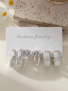 6/18PCS Fashionable Elegant Asymmetric Floral Geometric C-Shaped Multi-Element Silver Metallic Earring Set, Women's Fashion Earring Set (Lightweight CCB Material, Non-Fading) - Silver - View 3
