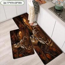 1pc, 2pcs, 3pcs, 2D Flat Kitchen Floor Mat Set, Woodland Deer Scene Floor Rug, Autumn Forest Hunting Lodge Decorative Kitchen Mat, Easy-To-Clean Indoor Bathroom Mat, Suitable For Kitchen, Bathroom, Laundry Room, Dining - Multicolor - View 6