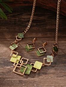 Cring Coco Set Perhiasan Geometris Persegi Enamel Hijau Gradien 4 Buah, Kalung Rantai Statement, Anting-Anting Gantung, Gelang Manset, Aksesoris Bertekstur untuk Wanita - Geometri 1 - View 7