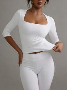 XLLAIS 3/4 Sleeve T-Shirt, Double-Layer Elastic Convertible Neckline, Fitted Top Spring Casual White - White - View 2