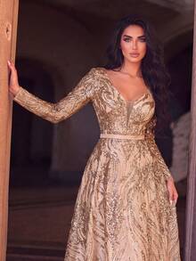 Faeriesty Deep V-Neck Backless Tie Sequin Formal Ball Gown Wedding Elegant Spring Party - Champagne - View 3