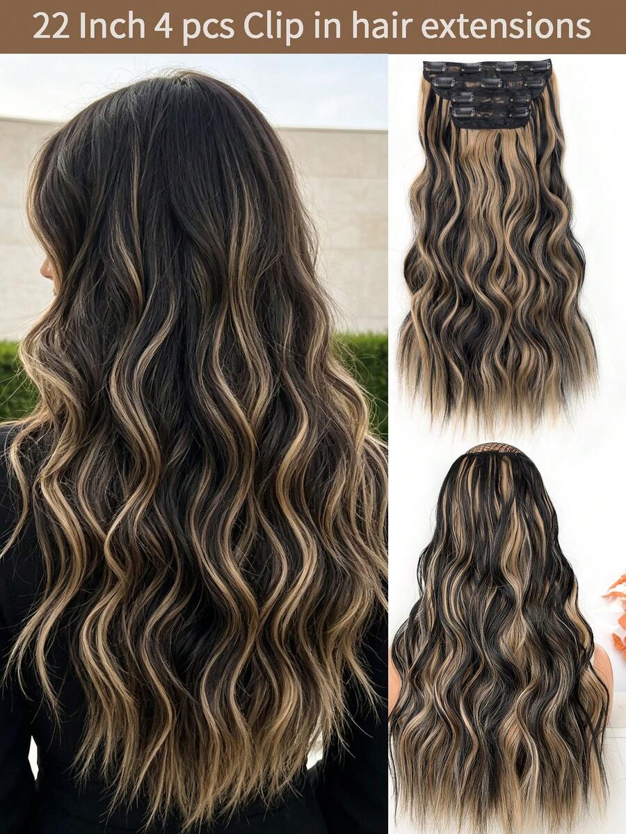 Clip-In Hair Extensions, Highlight Color, 22 Inch, 4 Pieces, Long Wavy Hair Extensions, Synthetic Hair, Suitable For Women And Girls Daily Use