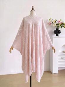 1pc Elegant Floral Embroidered Split Shawl Kimono/Sarong For Women, Spring/Summer Bohemian Style Outerwear, Beach Vacation Sun Protection Cover-Up, Decorative Embroidered Cardigan, Suitable For Daily Wear, Perfect Gift Choice - Pink - View 4