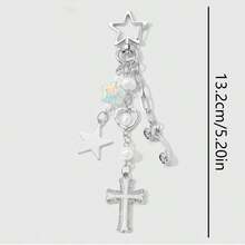 Y2K Star Cross Bag Charm, Silver Heart Beaded Chain Pendant With Pearl Decor, Cute Phone Strap Handbag Keychain Accessory - Multicolor - View 8