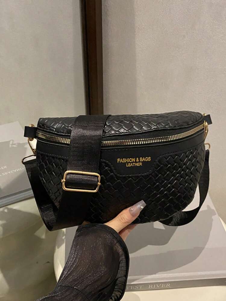 Solid Color PU Fabric Fashion Versatile Women's Chest Bag Braided Texture Minimalist Sport Travel Streetwear - Black - View 7