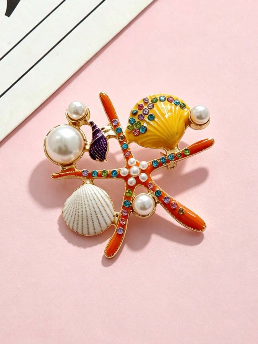 Enamel Ocean Creature Brooch - Starfish & Shell Design With Rhinestone & Pearl Embellishments - Starfish - View 1