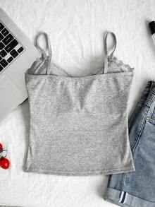 女款極簡性感風蕾絲V領細肩帶上衣，春夏款，側乳包覆加墊杯，鏤空設計，內層打底休閒上衣 - 灰色 - 查看 6