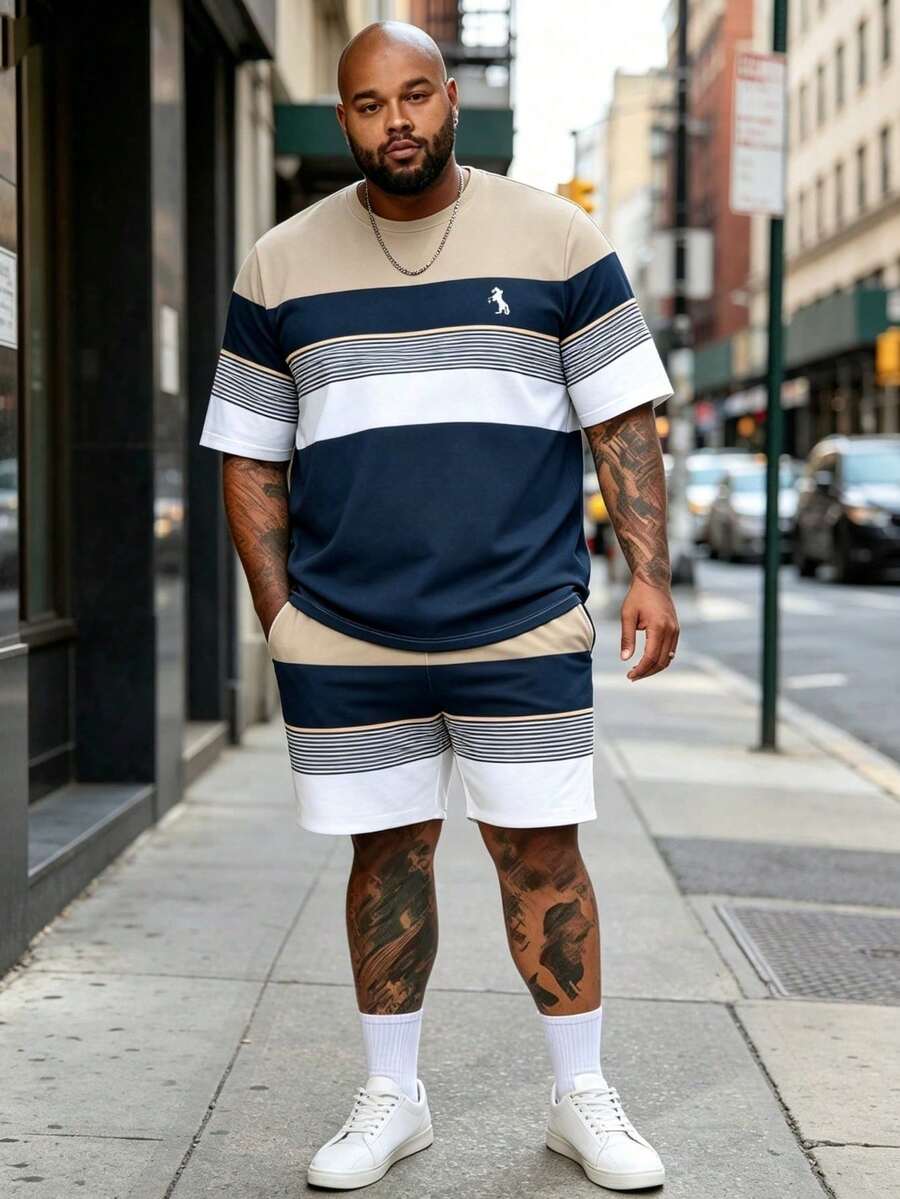 2026 Spring/Summer New Striped Contrast Color Plus Size Men's Casual Suit, Summer Small Horse Logo Print Short Sleeve Beach Shorts Plus Size 2pcs Set, Streetwear Fashion And Workout Versatile Sportswear Set - Multicolor - View 1
