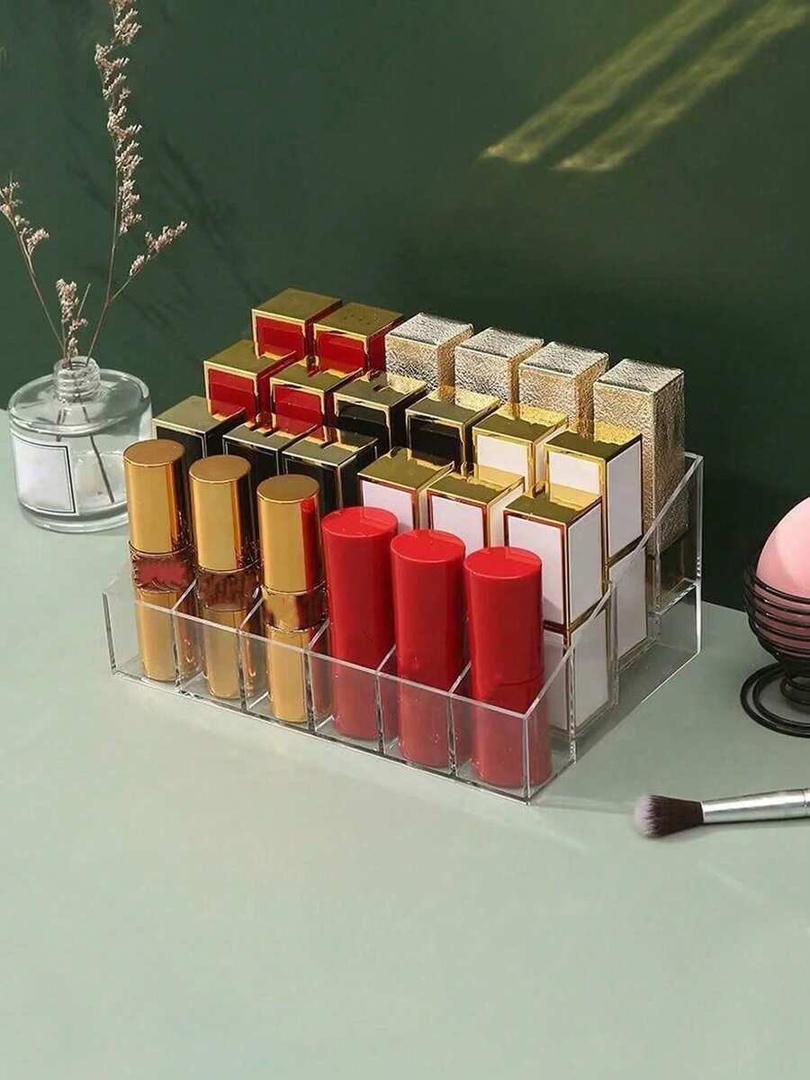 1pc Portable Luxury Transparent Desktop Cosmetic Organizer Box, Eyebrow Pencil Makeup Brush Lipstick Storage Box, Exquisite 9-Grid Tiered Mini Perfume Lipstick Display Box, Daily Makeup Vanity Desktop Storage Organizer - Clear - View 1