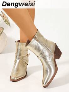 Women's Gold Strap Buckle Side Zipper Chunky Heel Square Toe Comfortable Versatile Office Commute Daily Vacation Spring Autumn Fashion Ankle Boots - Gold - View 7