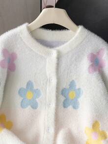 Girls Cute Floral Short Knit Cardigan, Faux Fur Trim, Suitable For Casual Wear In Spring, Autumn And Winter - White - View 5