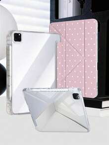 1pc Bean Pink Polka Dot Tablet Case Compatible With IPad Mini6/7/Air/Air2/9.7/10.2/10.5/10.9 (Air4-Air8)/Pro 11/10th Gen/A16/Pro 11 2024, Painted Pattern Tablet Cover With Transparent Acrylic Back Shell, Silk Texture 8-Fold Stand, Auto Sleep/Wake, Built-In Pencil Slot, Pencil Not Included, Some Models With Camera Frame - Multicolor - View 8