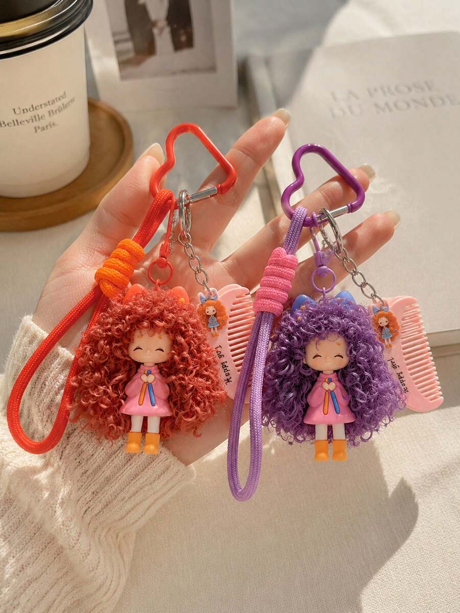 Curly Fluffy Girl Silicone Keychain, Cute Plush Doll Bag Pendant Car Key Charm, Mother's Day, Christmas, Graduation Gift For Friends And Family - Multicolor - View 1