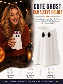 1pc Cute Ghost Design Beverage Can Cooler Sleeve, Flexible Fit For Multiple Can Sizes, Reusable Halloween Insulated Sleeve, Holiday Party Home Desktop Office Gathering Decoration Gift - White - View 7