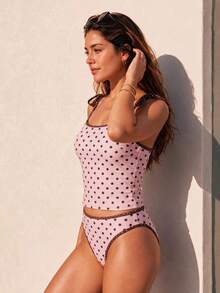 HOTTIE HABIT Damen süßes rosa & braunes Polka Dot Bikini Set mit Bindebändern, mittlere Taille hoch geschnitten zweiteiliger Badeanzug, süße Sommer Strandurlaub figurbetonte Badebekleidung - Verschiedenfarbig - Übersicht 4