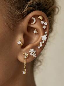 8pcs Fashion Minimalist Star & Moon Cubic Zirconia Stud Earrings Set For Women, Suitable For Outdoor Travel, Daily Street Wear, Hot Girl Style And Other Occasions - 8 Pieces - View 6