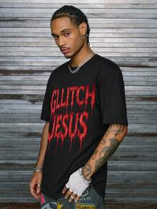 男士美式街頭風 Glitch 耶穌印花短袖哥德風深色寬鬆版型 T-shirt - 黑色 - 查看 3