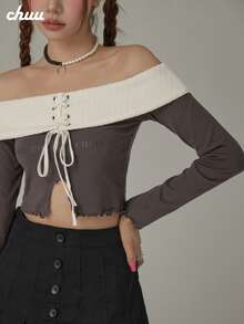 CHUU Colorblock Tie Long Sleeve T-Shirt Women Autumn Letter Split Off Shoulder Ruffle Hem Top - Grey - View 2