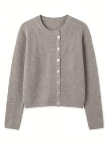 Women's Cardigan, Round Neck, Single-Breasted Asymmetric Placket, Long Sleeve, Street Minimalist Lazy Loose Ribbed Warm Thick Sweater, Multi-Wear, Autumn/Winter - Khaki - View 9