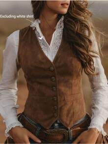 Vintage Waist-Cinching Blazer Vest With Symmetrical Patch Pockets, V-Neck Single-Breasted Sleeveless Top To Flatter Silhouette - Brown - View 2