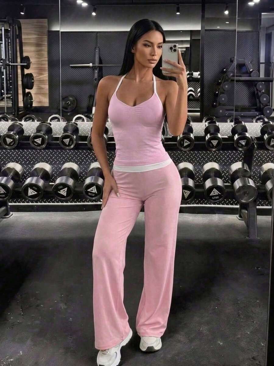 2pcs Set Short Halter Tank Top + Wide Leg Pants, Ribbed Fitted Top + Loose Long Pants, Y2K Street Date Shopping Nightclub Sports Outfit - Pink - View 1