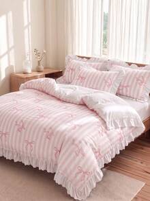 2/3pcs Ruffle Duvet Cover Set, Dorm Bedding, Striped Bow Bedding Set, Cozy Room Decor, Skin-Friendly Breathable, Ultra Soft Anti-Pilling, No Comforter Included, Fits Twin/Full/King/Queen Sizes, All Season, Machine Washable, Back To School - Multicolor - View 2