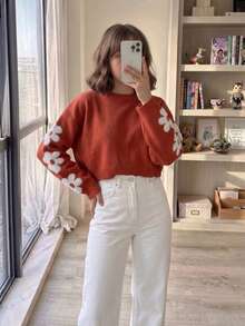 Tween Girls Cute Floral Short Knit Pullover Sweater, Long Sleeve, Suitable For Casual Wear In Spring And Autumn - Orange - View 7