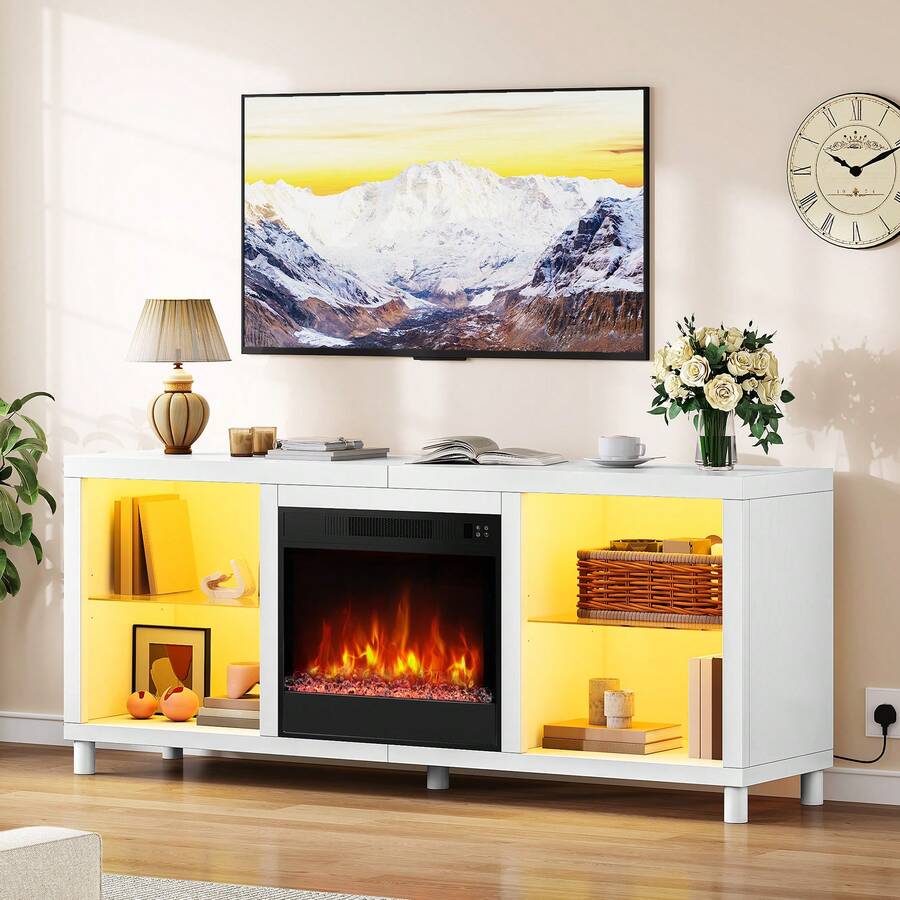 BALCONERA 65 Inch TV Stand With Electric Fireplace Insert, 18 Inch Realistic LED Flame & 9 Colour Mood Lights, Open Shelves Storage Unit For Living Room - UK Plug(220-240V) - View 1