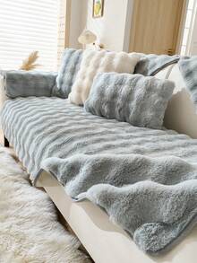 1pc Thickened Plush Jacquard Sofa Cover, Winter Use, Modern Style, Non-Slip, Pet-Friendly, Soft Thickened Faux Rabbit Fur, Suitable For Living Room, Bedroom, Office Sofa Decoration, Fits 1-4 Seater Sectional Sofa, Home Decor - Light Grey - View 6