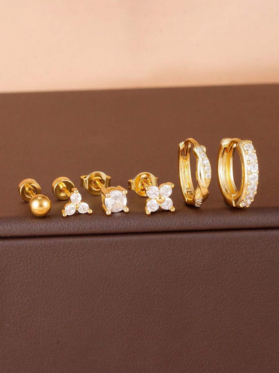 6pcs/Set Women's Elegant 18K Gold Plated Cubic Zirconia Twisted Hoop Earrings Stainless Steel Flower Stud Piercing Earrings Gift - Gold-6pcs - View 1
