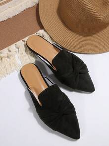 Black Pointed Toe Half-Back Mule Shoes Women's Flat Loafers With Integrated Flower Bow Design, Suede Leather, Spring/Autumn, Elegant Versatile Closed Toe No Back Design Flat Shoes - Black - View 6