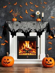 1 Set Halloween Tablecloth Set (Spider Web Lace Tablecloth, Fireplace Cloth, Placemats, Bat Stickers) Black Hollow Mesh Material Party Table Runner Halloween Table Decor Cover Suitable For Home, Restaurant, Bar, Haunted House, Escape Room, Costume Party, Holiday Party - Multicolor - View 3