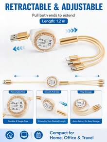 1pc 3-In-1 Retractable Charging Cable, 1.2m USB-A To Type-C/8-Pin/Micro USB, Up To 3A Silicone Multi Charger Cord For Phones, Tablets & Power Banks, Gold - Gold - View 5
