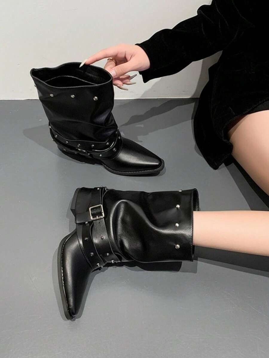 Rivet Buckle Ruched Stacked Western Mid-Calf Boots Plus Size Women's Pointed Toe Fashion Boots - Black - View 1